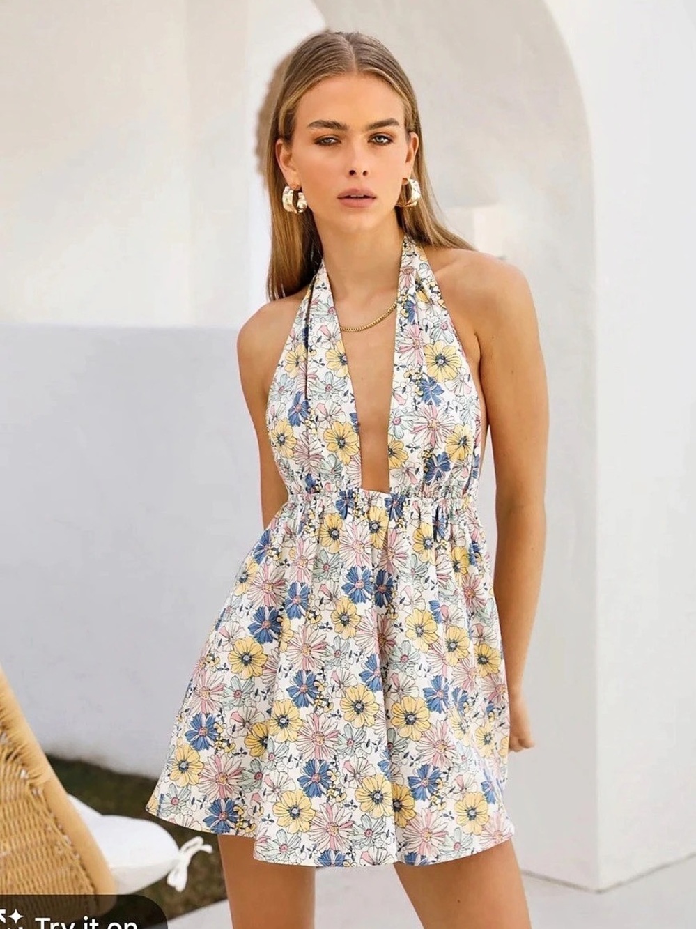 hello molly Floral Halter Mini Dress in White & Blue Size Large